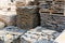 Natural stone blocks packed in stacks at a hardware store warehouse