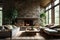 natural stone fireplace surrounded by a serene environment