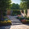 Natural stone steps and retaining wall, planter and garden border framing home entrance. Beautiful hardscape, colorful