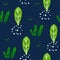 Natural summer pattern with cute plants and graphical elements on dark background. Ornament for textile and wrapping. Vector