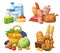 Natural supermarket food sets: Dairy products, Meat sausages chicken, Grocery fruits and vegetables, Bakery