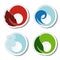 Natural symbols - fire, air, water, earth - nature circular stickers with flame, bubble air, wave water and leaf