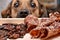 Natural treats for pets. dried meat products to feed and motivate dogs. the dog in the background looks with interest
