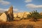 Natural valley with volcanic tuff stone rocks in Goreme in Cappadocia, Turkey, at sunset.