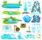 Natural water landscape vector illustration, cartoon flat nature set of flowing river stream, waterfall on mountain