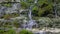 Natural waterfall, streams of pure cascade water run through stones overgrown with moss