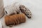 Natural White and Brown Macrame Cord on Soft White Background with dry Cholla Cactus