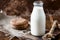 Natural whole milk in bottle and on old wooden background