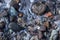 Natural winter background of frozen pebbles and hoarfrost crystals over river ice