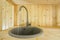 Natural wood kitchen from faucet text water close-up