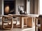 Natural wooden slab round dining table and chairs near it. Interior design of modern living or dining room. Created with