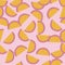 Natural yellow random citruc slices elements seamless pattern. Lilac background. Summer fresh print