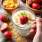 Natural yogurt with strawberries garnished with honey and cereals