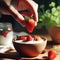 Natural yogurt with strawberries garnished with honey and cereals