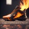 Naturalistic burning sports shoe on fire