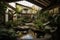 naturalistic indoor garden with large leafy plants and water features