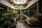 naturalistic indoor garden with large leafy plants and water features