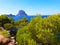 Naturalistic maritime panorama of Es Vedra in the sea of â€‹â€‹Ibiza from Cala d`Hort