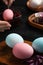 Naturally painted Easter eggs on black wooden table, closeup. Red cabbage used for coloring