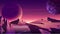 Nature on another planet with a huge planet on the horizon. Mars orange space landscape with large planets on purple starry sky