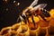 nature apiarist yellow bee macro background closeup pollen insect gold honey. Generative AI.