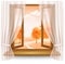 Nature autumn background with wooden window frame with curtains