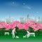 Nature background with couple happy and relax in the sakura park