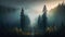 Nature background - Mystical Forest: A Foggy Morning Amidst the Mountains -ai generated