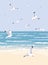 Nature Background with Sea, Waves, Beach and Flying Seagulls