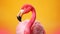 Nature background - a vibrant pink flamingo standing against a sunny yellow backdrop in nature