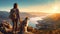 Nature background - a woman and her loyal companion enjoying the breathtaking view from the summit of a majestic mountain