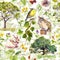 Nature: bird, rabbit, tree, leaves, flowers, grass. Seamless pattern. Water color