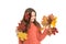 Nature changing color. Seasons concept. Fall season. Kid with fallen leaves white background. Happy small girl maple