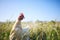 Nature, chicken in field with sky and farming mockup in green countryside, free range agriculture and sunshine. Poultry