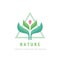 Nature concept logo design. Green leaves, pink flower. Flora sign. Environment symbol. Vector illustration