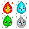 Nature elementals vector pixel art. Four classical elements - earth, water, air, fire. Cute game design icons