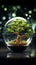 Nature embraces globe Tree on crystal, tech convergence network backdrop highlights green innovation