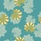 Nature foliage seamless pattern with random tropic leaves shapes. Turquoise background. Simple style