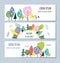 Nature and forest banners set with trees and flowers, graphic illustration