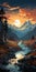 Nature-inspired Art Nouveau Landscape With Mountains, River, And Sunset