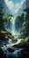 Nature-inspired Art Nouveau Landscape Scenery Wallpaper With Waterfall