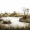 Nature-inspired Art: Tranquil Wetland With Ducks And Reeds