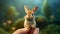 Nature-inspired Photorealistic Rendered Illustration Of A Tiny Rabbit In Palm Of Hand