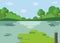 Nature landscape cartoon design.Beautiful lake with forest in flat style.River with hills, trees , clouds and sky