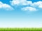 Nature landscape. Fresh background with green grass blue sky with clouds dream field vector realistic seamless pattern