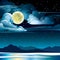 Nature landscape with full moon and clouds on a starry night sky and frozen lake with silhouette of mountains. Winter vector