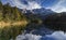 Nature landscape at hintersee with reflections of the mountains in the lake