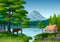 Nature landscape with mountains, lake and leafy tree in the foreground. Still a bear in silhouette