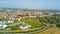 Nature and landscape, municipality of Solaro, Milano: Aerial view of a field, houses and homes, Italy