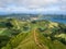Nature landscape paradise. Azores, european holiday travel destinations. Drone aerial view of volcanic landscape. Sao Miguel islan